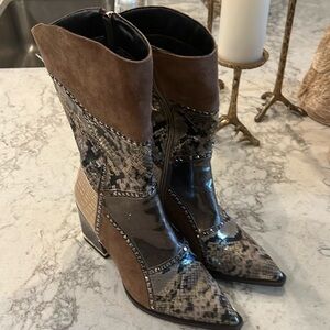 Suede, leather , and rhinestone mid calf boots